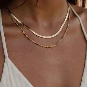 Necklace Layered Gold Herringbone & Rope Chain Necklace WATERPROOF 2 in 1